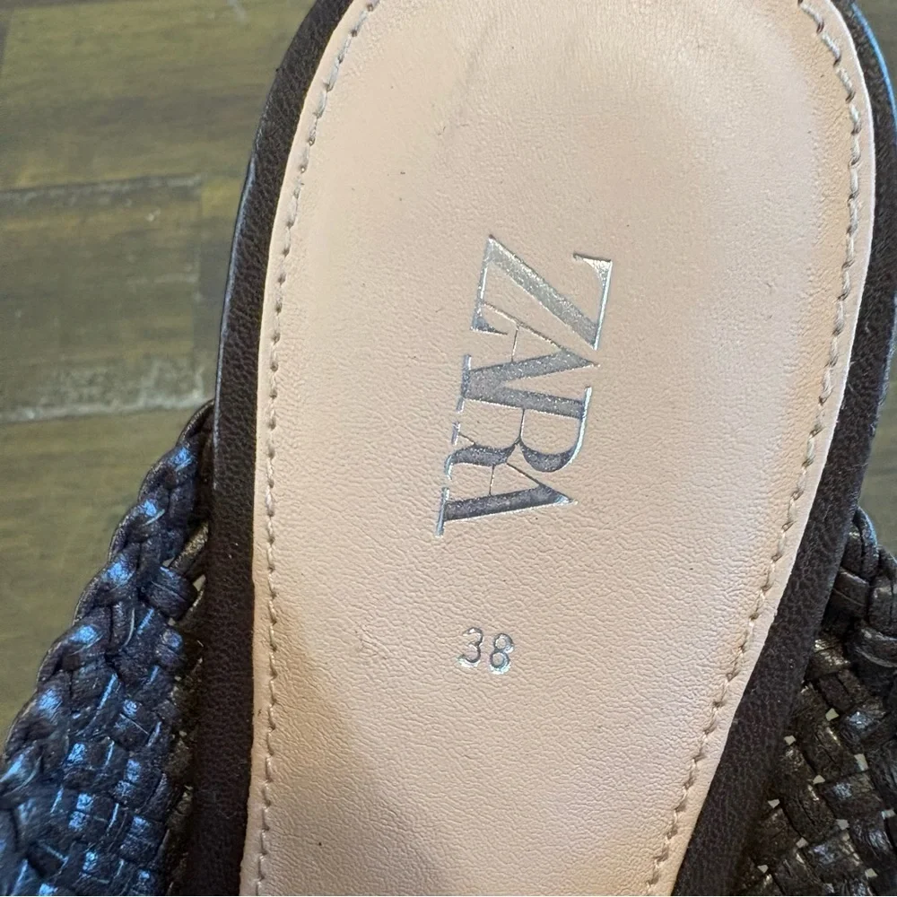 ZARA BRAIDED WOVEN FLAT MULES BROWN TIE BOW SLIDES SANDALS 38 BASKET WEAVE